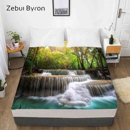 3D HD Digital Print Custom Bed Sheet With Elastic,180/150/160x200 Fitted Sheet Queen/King,Mattress Cover waterfall 210626