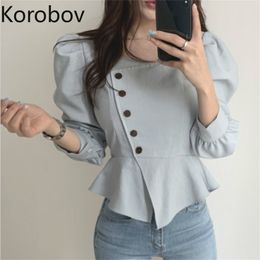 Korobov Korean Vintage Ruffles Square Collar Women Blouses New Long Sleeve O Neck Button Shirts Elegant OL Blusas Mujer 210430