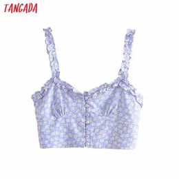 Tangada Women Ruffles Blue Flower Camis Crop Top Spaghetti Strap Sleeveless Backless Short Blouses Shirts Female Tops 3H397 210609