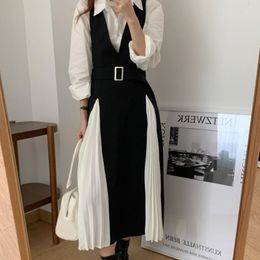 Summer Fashion Temperament Casual Party Retro Black Sleeveless Pleated Dress Stitching Base Skirt Send Belt 16F1227 210510