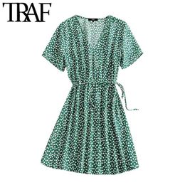 Women Chic Fashion Floral Print Pleated Mini Dress Vintage V Neck Short Sleeve Side Bow Tied Female Dresses Mujer 210507