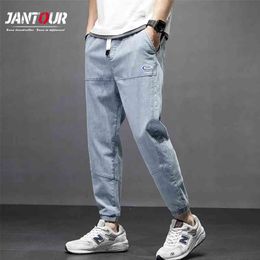 Jantour Brand Men's Imitate Jeans Jogger Harem Denim Cargo Pants Ankle Banded Hip Hop Harajuku Cotton Trousers Male Blue 3XL 4XL 210714