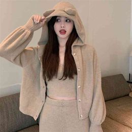High Quality Fall Winter Knitted Tracksuit Women Hoodie Cardigan + Short Sexy Crop Top Wide Leg Long Pants Suits 3 Piece Set 210514