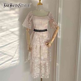 Elegant Patchwork Lace Sequin Dress For Women Square Collar Short Sleeve High Waist Midi Dresses Female Summer 210520