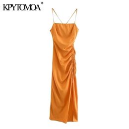 KPYTOMOA Women Chic Fashion Draped Detail with Adjustable Tie Midi Dress Vintage Backless Side Zipper Straps Female Dresses 201025