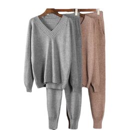 Women's Two Piece Pants Cashmere Knitted Sets Women 2021 Loose V Neck Sweater & Carrot Pant 2 Pieces Female Outfit Tracksuits Harem