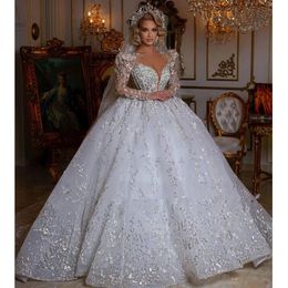 Princess White Lace Appliques Wedding Ball Gowns Sheer Neck Chapel Train Long Sleeves Plus Size Dubai Luxurious Bridal Party Dresses Vestido De Novia 322