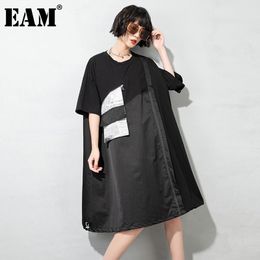 [EAM] Women Black Contrast Color Big Size Dress Round Neck Half Sleeve Loose Fit Fashion Spring Summer 1DD7736 21512