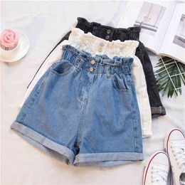 Plus Size Summer Black Women's Denim Shorts Large 5Xl Harem Ruffle White High Waisted Elastic Waist Jeans for Women 210722