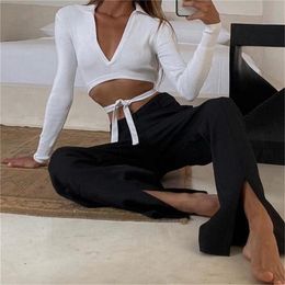 TRAF Women Fashion Design Sense Strapping Back Hollow Open Knit Sweater Vintage Long Sleeve Female Streetwear 211007