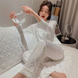 JULY'S SONG 4 Pieces Stain Silk Pyjamas Woman Pyjamas Set Spring Summer Sleepwear Jacquard Long Sleeves Women's Home Clothes 210928