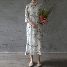 Johnature Women Chinese Style Cheongsam High Quality Vintage Print Floral Dress Autumn Button Ramie Women Cloths Dress 210521