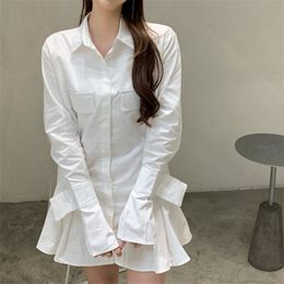Summer White Shirt Dress Women Korean Casual Flare Sleeve Mini Female Vintage Elegant Single Breasted Robe Femme 210514