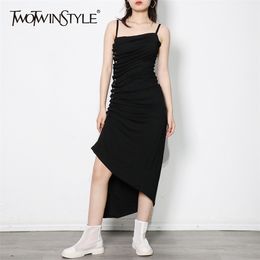 Black Patchwork Button Dress For Women Square Collar Sleeveless High Waist Sexy Dresses Female Fashion Style 210520