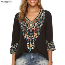 KHALEE YOSE Boho Floral Embroidery Mexican Blouse Shirts Vintage Chic Autumn Plus Size 2xl 3xl Ethnic Hippie Shirt 210719