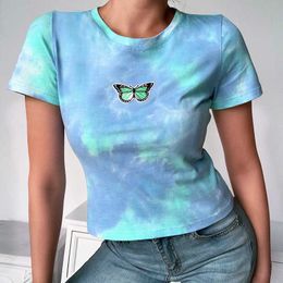 Tie Dye Women's Summer T Shirt Slim Short Sleeve Embroidery O-Neck Tees Top W832 210526