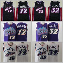 Top Basketball 12 John Stockton Jersey 32 Karl Malone Vinatge Retro Team Purple Black White Colour Embroidery And Sewing Breathable Pure Cotton Quality