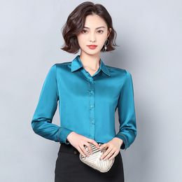 Heavyweight Silk Shirts Women Satin Long Sleeve for Elegant Woman Solid Blouse Tops Plus Size Pink XXXL 210427