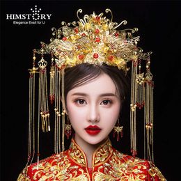 Himstory Classical Chinese Wedding Phoenix Queen Coronet Crowns Brides Gold Hair Jewelry Accesorios Tassel Wedding Hairwear H0827