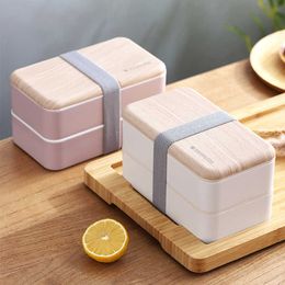 Microwave Wooden Style Lunch Box Double Layer Bento Box Portable Food Container Box Lunchbox BPA Free 210925