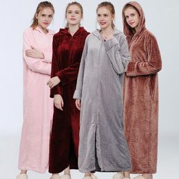 Women's Sleepwear Flannel Nightgown Pyjamas Bathrobe Female Winter Thick Coral Fleece Long-sleeved Household Hooded Nightdress