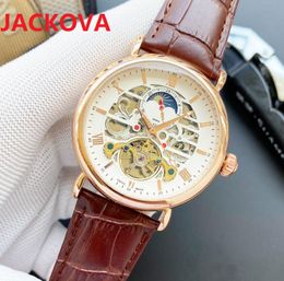 42mm Mechanical Hand Winding Tourbillon Mens Watch Steel Case Black Skeleton Dial Brown Leather Strap factory Sapphire President Watches Male Wristwatches