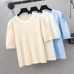 Summer Short Sleeve Thin Knitted Pullover Button Tops Women Summer Solid Casual Korean Pull Femme Jumper Female Tee Shirt 210604