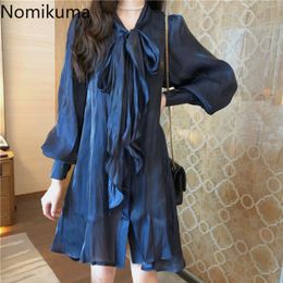 Nomikuma Bow Tie Collar Lace Up Loose Vintage Dress Women Solid Colour Casual Fashion Korean Dresses Vestidos 3a781 210514