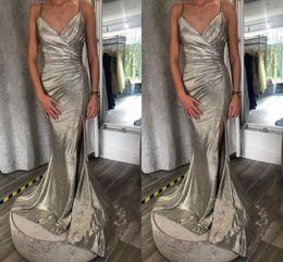 Sparkly Sier Sequins Prom Dresses Spaghetti Straps Mermaid Side Slit Sweep Train Custom Made Evening Party Gown Formal Ocn Wear Vestido 403