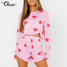 Celmia Fashion Heart Print Women Pajamas Sets Sleepwear Summer Long Sleeve Ruffles Pijamas Suit Casual Soft Loose Home Wear Q0706