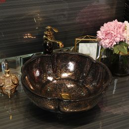 Black Europe Style Handmade Countertop Basin Bathroom Sink Ceramic wash basin porcelain bathroom sink flower shapegood qty