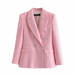 BBWM Za Women Fashion Double Breasted Casual Pink Tweed Blazer Coat Female Business Work Office Lady Plus Size 210520