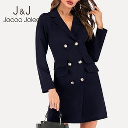 Jocoo Jolee Office Lady V Neck Metal Button Double breasted Slim Mini Dress Spring Elegant Blazer Dress Tunic Robe Vestidos 210518