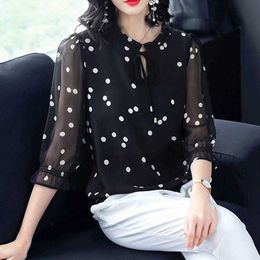 Fashion Women Spring Summer Style Chiffon Blouses Casual Long Sleeve Loose Printed Polka Dot Shirt 's Tops DF3594 210609