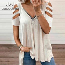 Jocoo Jolee Women Zipper V-Neck Solid Summer Sexy Short Sleeve T-Shirt Vintage Casual Loose Screw Thread Basic Office Lady 210518