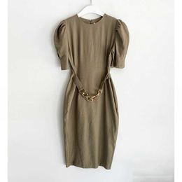 PERHAPS U Women Elegant Brown Black Metal Chain O-Neck Puff Sleeve Knee-Length OL Pencil Dress D3039 210529