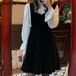 Neploe Vintage Dresses Women New Arrival Black Velvet Vestidos Patchwork Polka Fake Two Slim Elegant Robe Dress Woman 4H118 210422