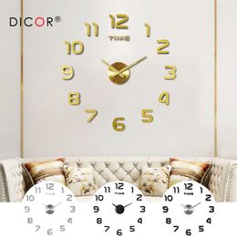 DIY 12v Digital Large Wall Clock Home Decoration Mirror Wall Clock Sticker Vinyl Modern Design Clock on The Wall for Living Room 210325