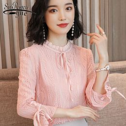 spring Lady fashion Women lace blouse and tops long sleeve stand collar Lace Shirt Solid Colour Bottoming Tops 2933 50 210521