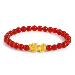 999 Real 24K Yellow Gold Bracelet Woman 3D Happins Bls Bixie Charm With Red Agaat Kralen Bracelet Adjustable