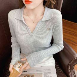 Thickened collarbone polo collar long-sleeve sweater for women slim body western style with undershirt versatile top for women Y1110