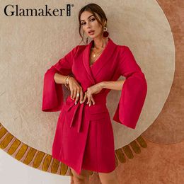 Glamaker Red belt short blazer dress Women casual girdle decorated dress Straight sexy winter autumn fashion elegant short dress 210322