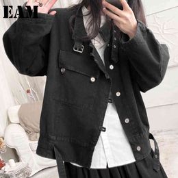 [EAM] Loose Black Denim Asymmetrical Pocket Jacket Stand Collar Long Sleeve Women Coat Fashion Spring Autumn 1DD5972 21512