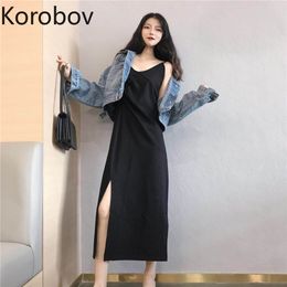 Korobov High Waist Hip Side Cross Design Straight Black Dress Women Sexy Camis Bottom Slim Vestido Summer New Ropa 210430