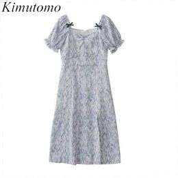 Kimutomo Vintage French Style Dress Women Gentle Bow Square Collar Tie-dye Printing Short Puff Sleeve Slim Waist Vestido Elegant 210521