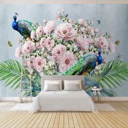 Wallpapers Custom Self-Adhesive 3D Wallpaper Modern Retro Peacock Flower Plant Living Room Background Wall Mural Stickers Papel De Parede
