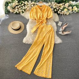 2021 New summer Boho Two Piece Set Women's V-neck Puff Sleeve Short Top High Waist Wide Leg Pants 2 Piece Sets UK877 Y0625