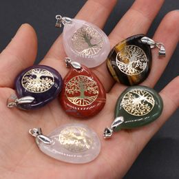 Waterdrop Natural Stone Charms Reiki Healing Tree of life Symbol Crystal Turquoises Rose Quartz Stones Pendant for Jewellery Making Necklace 25x32mm