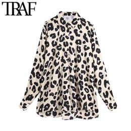 TRAF Women Fashion Leopard Print Loose Blouses Vintage Long Sleeve Button-up Animal Pattern Female Shirts Chic Tops 210323