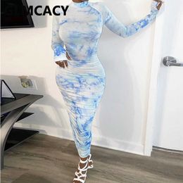 Women Gradient Color Tie Dye Printed Long Sleeve with Gloves Bodycon Dress Pleated Maxi Plus Size Dresses 210702